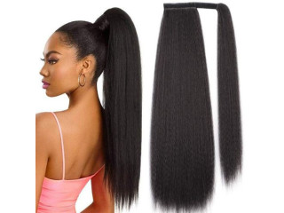 Huameisi 24In Yaki Ponytail Extensions Hair Straight Fluffy Wigs